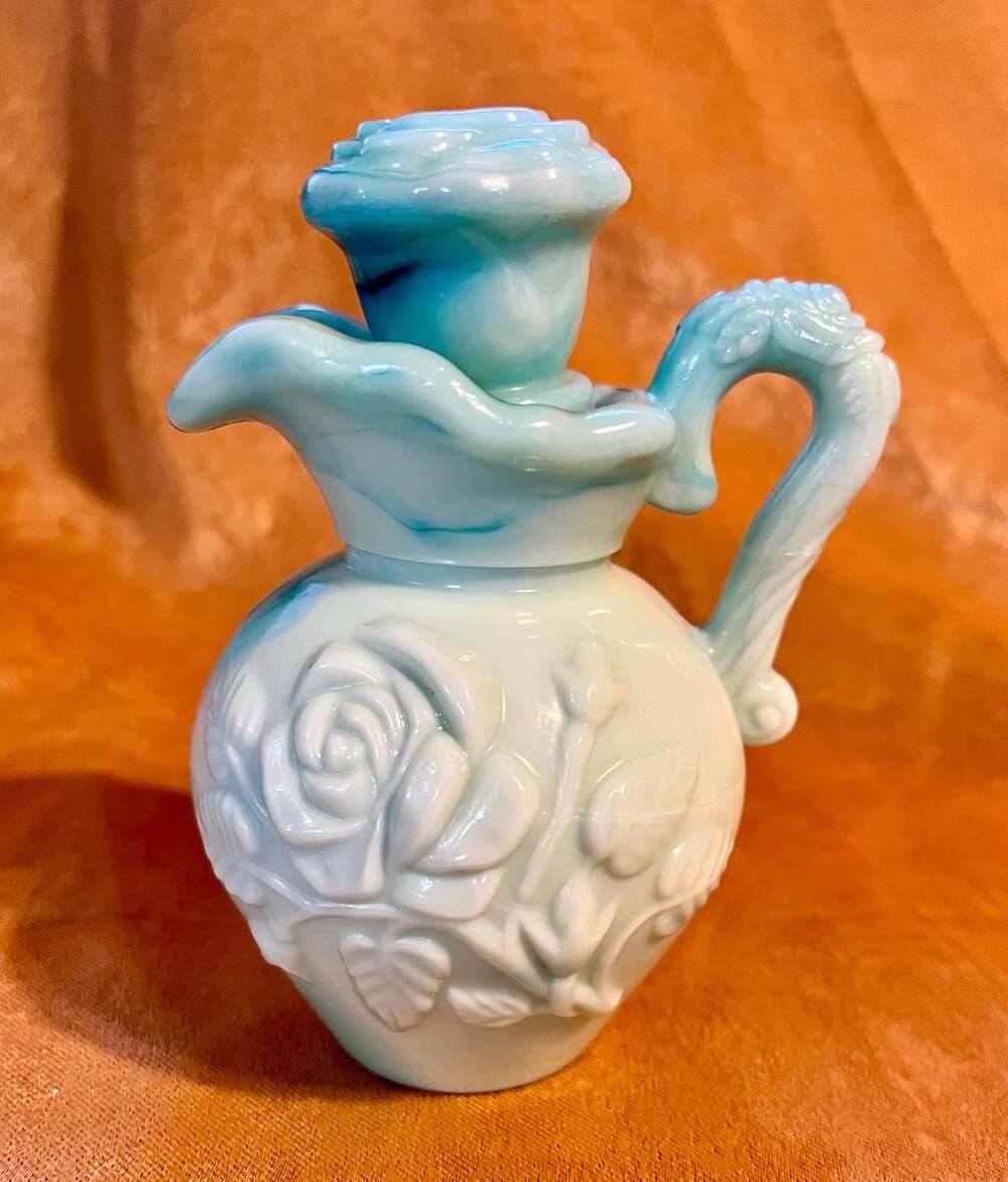 Vintage 1978 Avon Miniature Pitcher – Green & White Swirl Milk Glass – Excellent